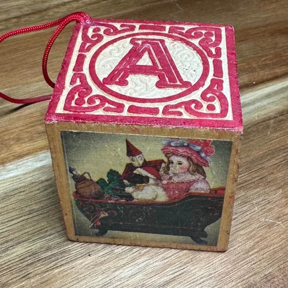 Vintage Wooden Alphabet Block Christmas Ornament Victorian Style ABC Toy Sleigh